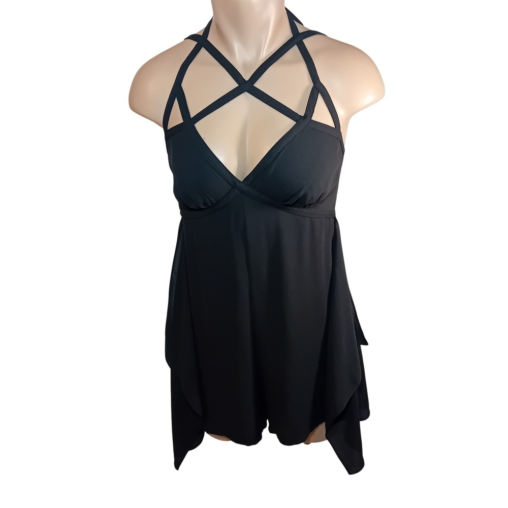 Y2K BCBG MAXAZRIA Black Halter Strappy Flowy Chiffon Romper Goth Beach‎ Party 4